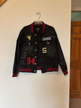 Encrypted NYC Savage 94 Paint Splatter Denim Bomber Jacket